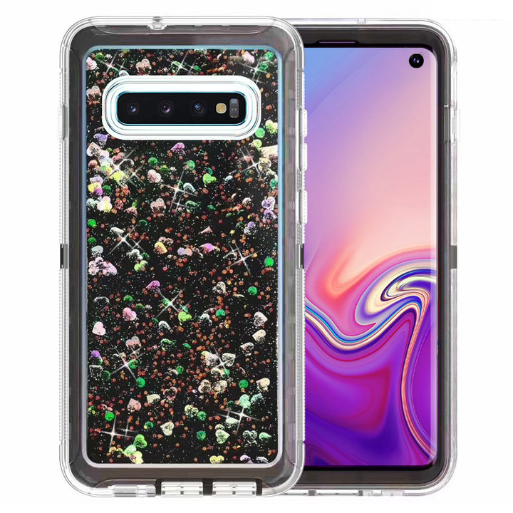 Samsung Galaxy S10 Tough Case Black Glitter Heart TPU PC Impact Resistant Cover Image 1