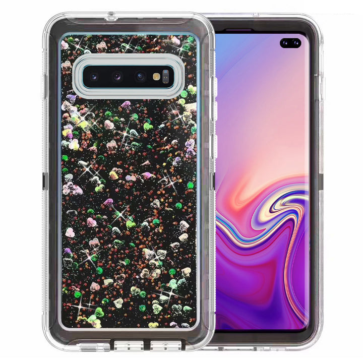 Samsung Galaxy S10 Plus Case Black Tough Defender Glitter Liquid Heart Cover Image 1