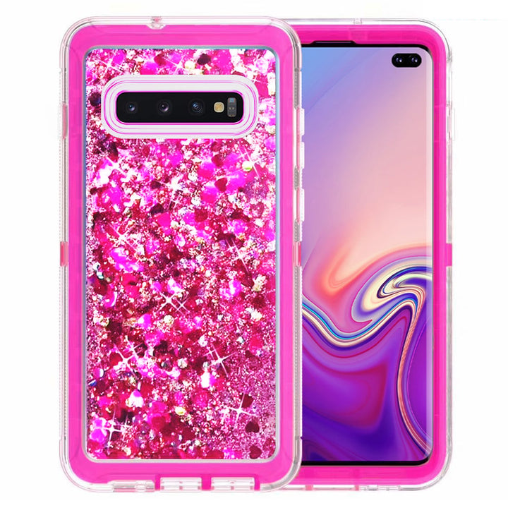 Samsung Galaxy S10 Plus Case Black Tough Defender Glitter Liquid Heart Cover Image 3