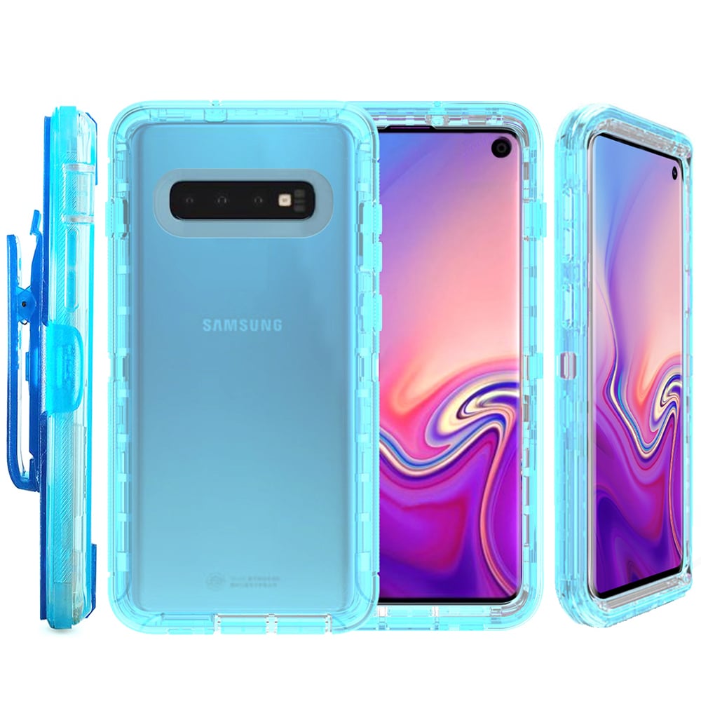 Samsung Galaxy S10E Hybrid Case Cover Transparent Blue Armor with Clip Shockproof Image 1