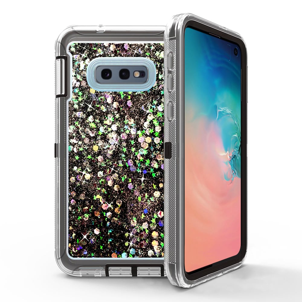 Samsung Galaxy S10E Tough Case Black Triple Layer Glitter Heart Dustproof Cover Image 1