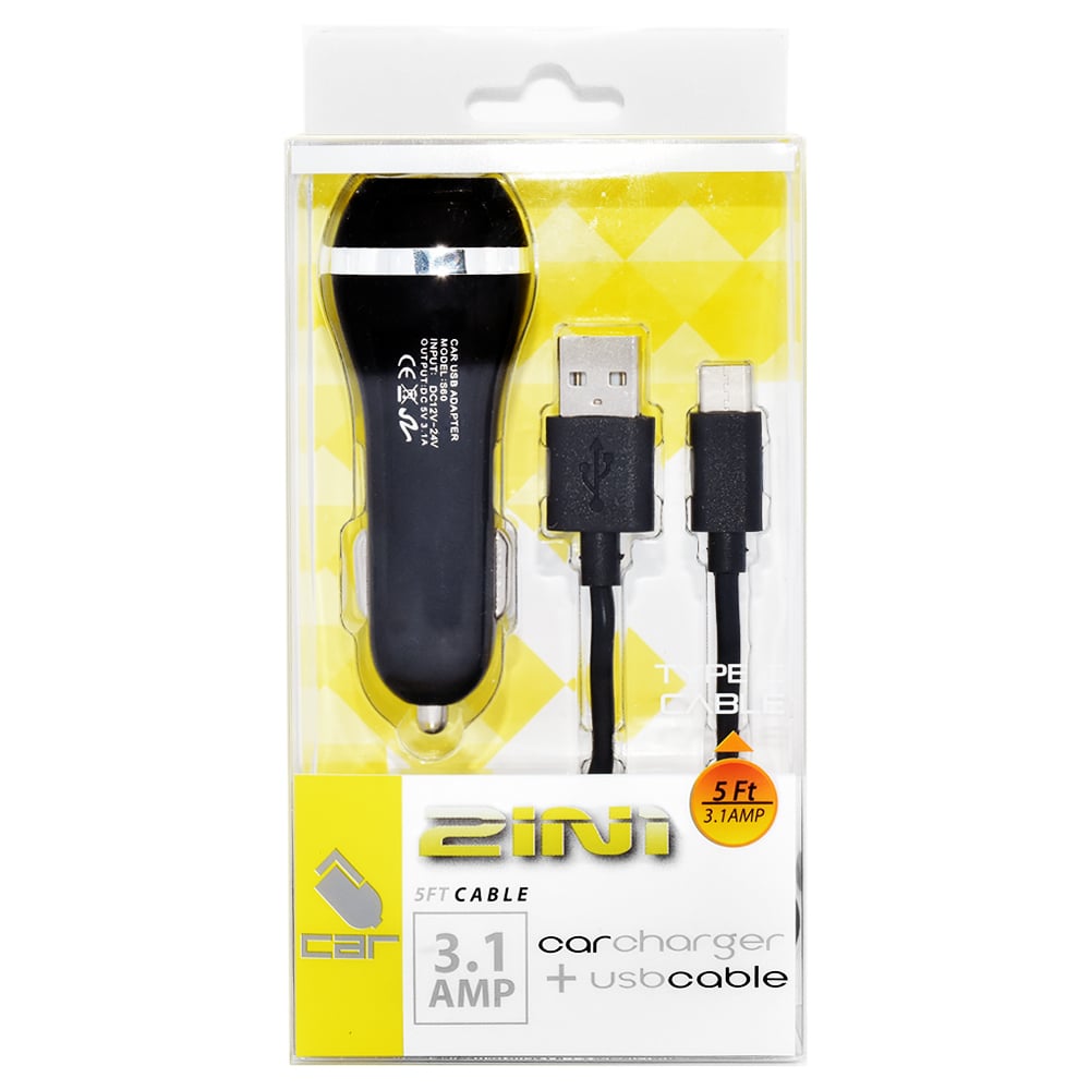 Universal Car Charger Adapter with 5 Ft Type-C USB Cable Black 2.1A Fast Charge Image 3