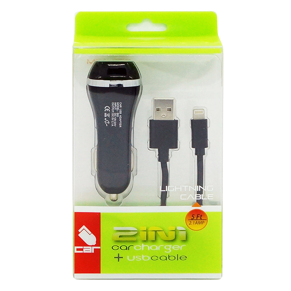 Universal 2 In 1 USB Car Charger Adapter With 5 Ft USB Lightning Cable Black Image 3