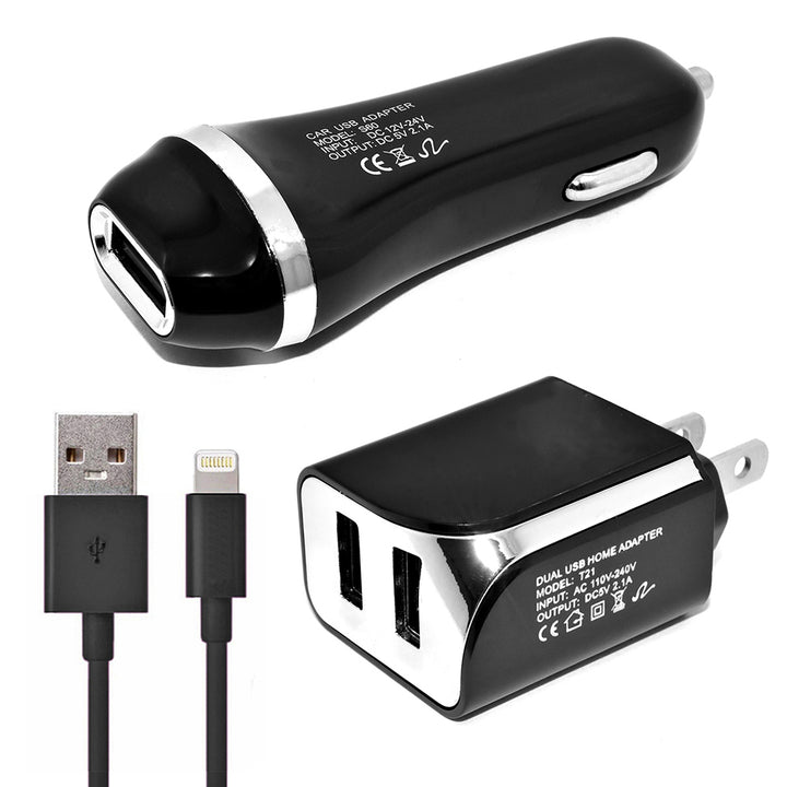 Universal 3 In 1 USB Car Charger 2 USB Ports Wall Charger Adapter With 5 Ft Lightning USB Cable Black Image 1