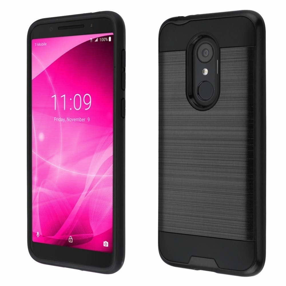 Alcatel Revvl 2 / 5052 Hybrid Metal Brushed Shockproof Tough Case Cover Black Image 1