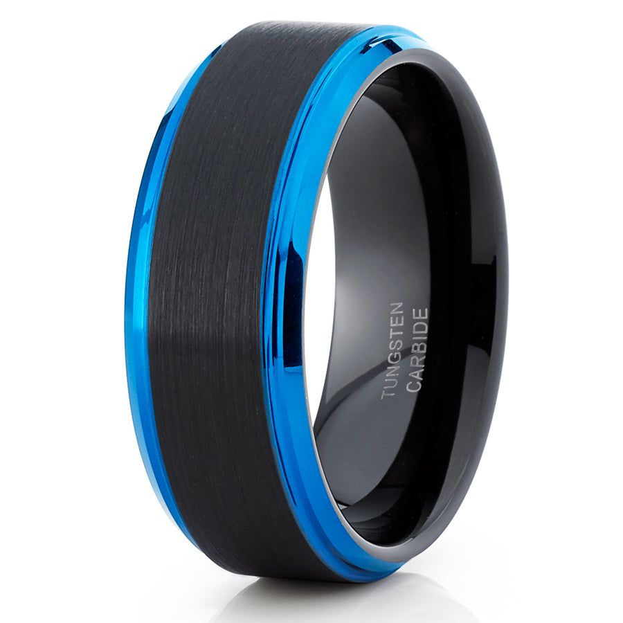 8mm Blue Tungsten Ring Black Tungsten Ring Anniversary Ring Mens Blue Tungsten Ring Comfort Fit Image 1