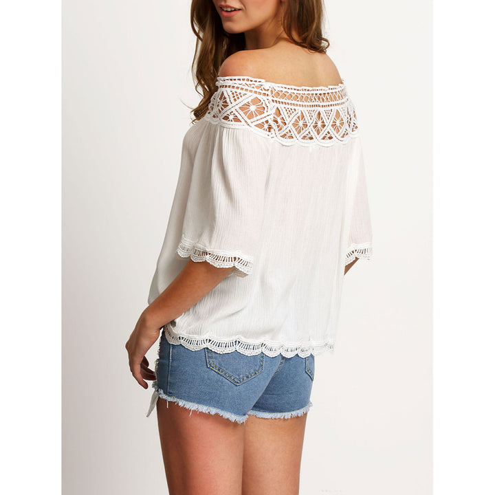 Womens Off Shoulder Casual Half Sleeve Loose Crochet Blouse T Shirt Image 6