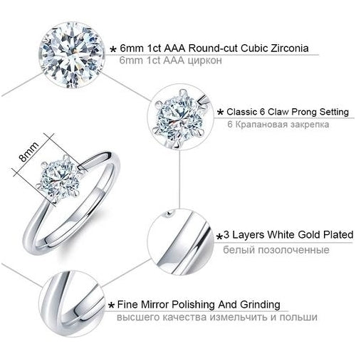 Six Claw 1 Carat 6mm Artificial zircon Wedding Rings for women Jewelry Fashion style color Engagement rings female Anel Image 4