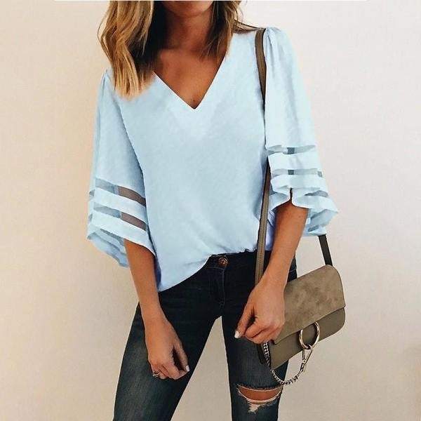 Wide Sleeve V-Neck Chiffon Blouse Image 2