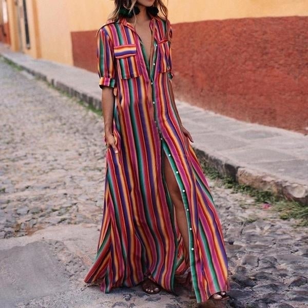 Striped Maxi Boho Shirt Dress Multiple Colors S-3X Image 1