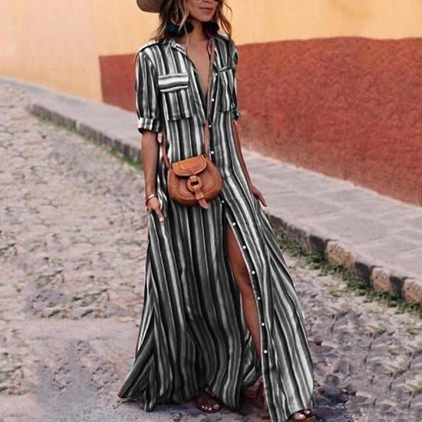 Striped Maxi Boho Shirt Dress Multiple Colors S-3X Image 1