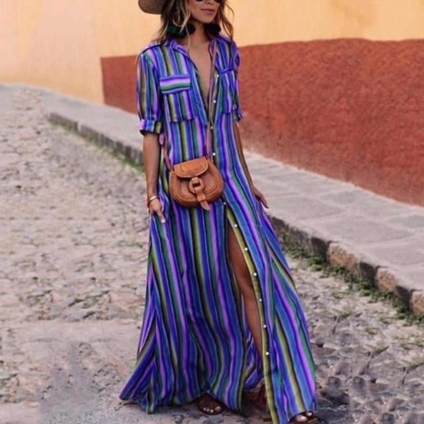 Striped Maxi Boho Shirt Dress Multiple Colors S-3X Image 1