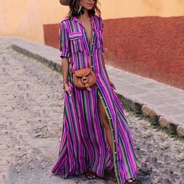 Striped Maxi Boho Shirt Dress Multiple Colors S-3X Image 1