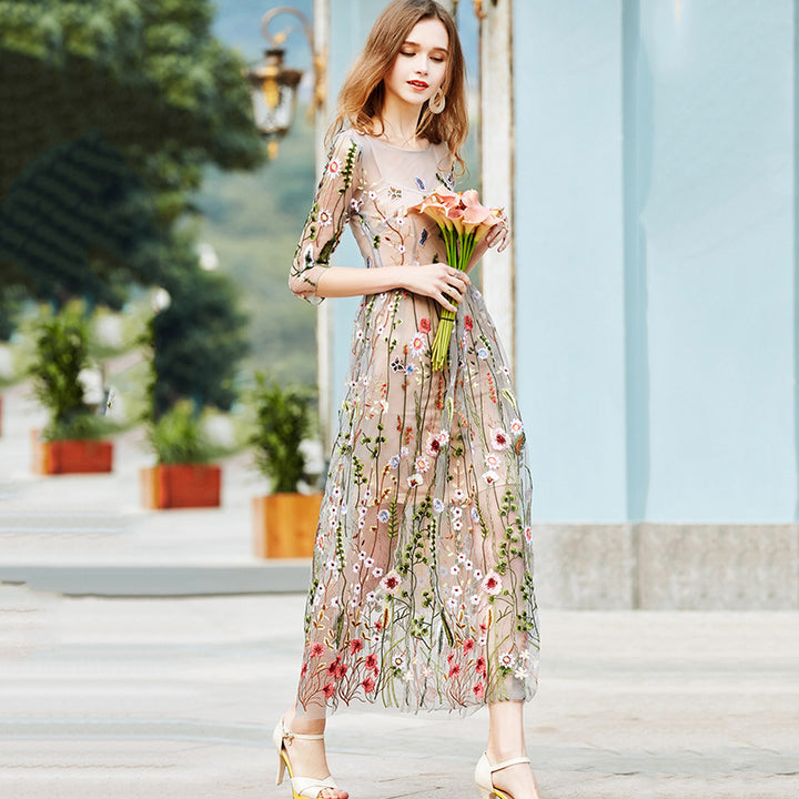 Apricot Vintage Floral Embroidered Evening Maxi Dress Image 1