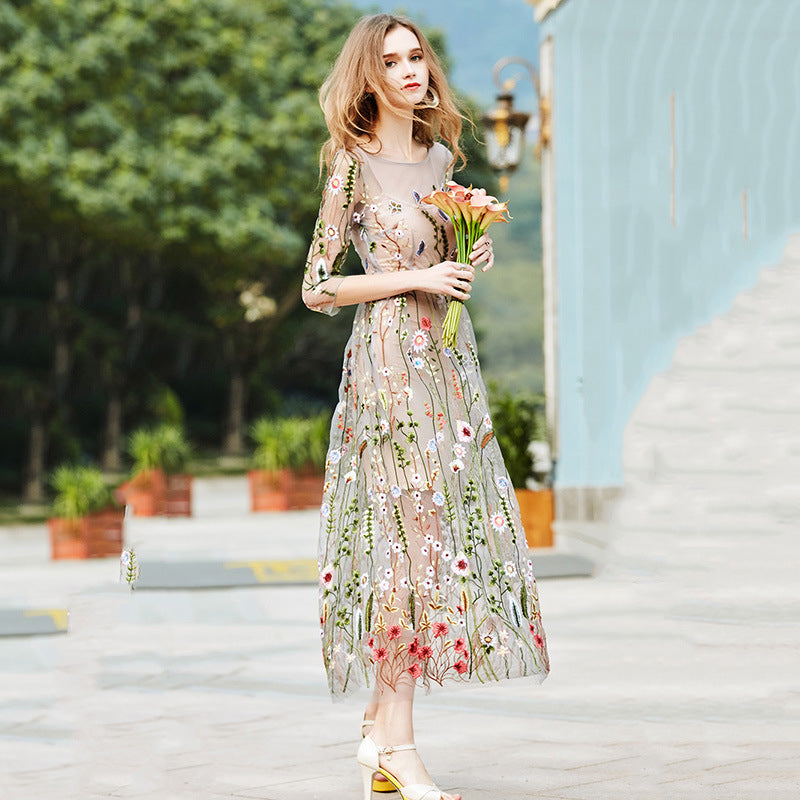 Apricot Vintage Floral Embroidered Evening Maxi Dress Image 3