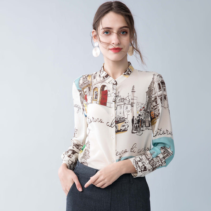 Stand Collar Spring Printed Buttoned Sweet Blouse Image 3