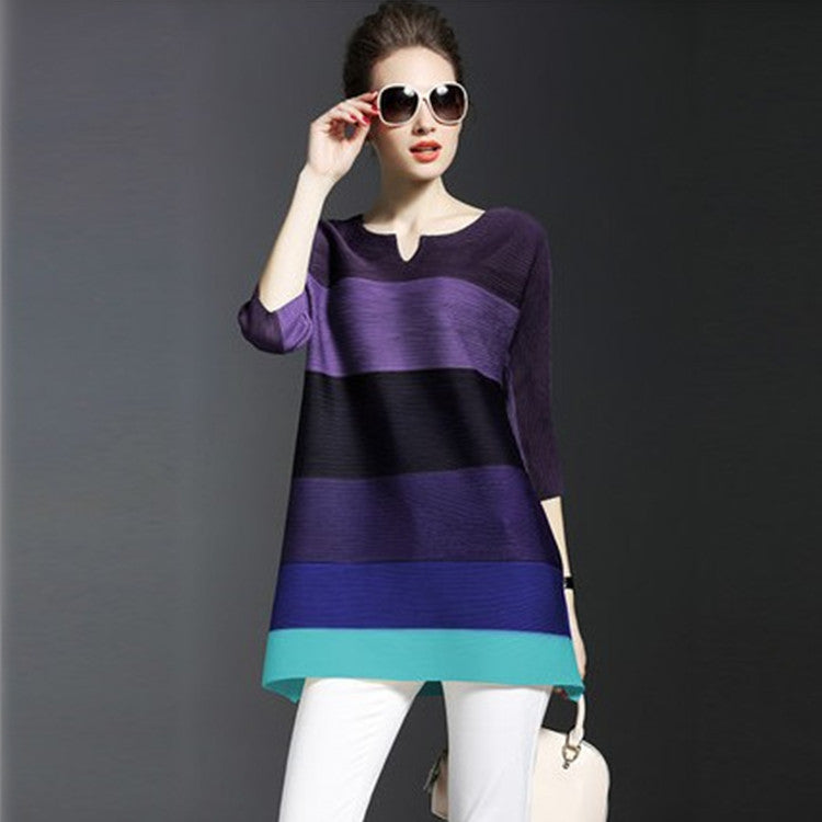 Crew Neck A-Line Date Color-Block Solid Tunic Image 3