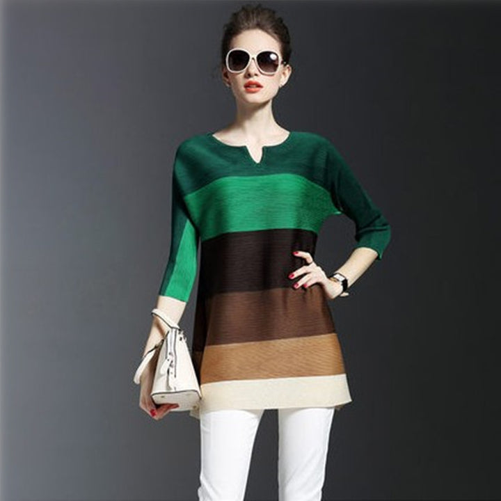 Crew Neck A-Line Date Color-Block Solid Tunic Image 4