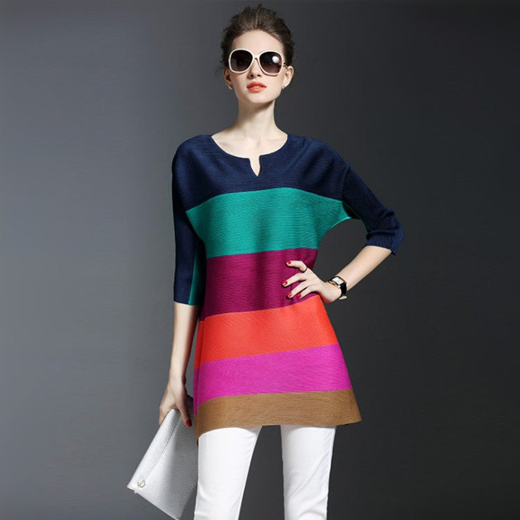 Crew Neck A-Line Date Color-Block Solid Tunic Image 4