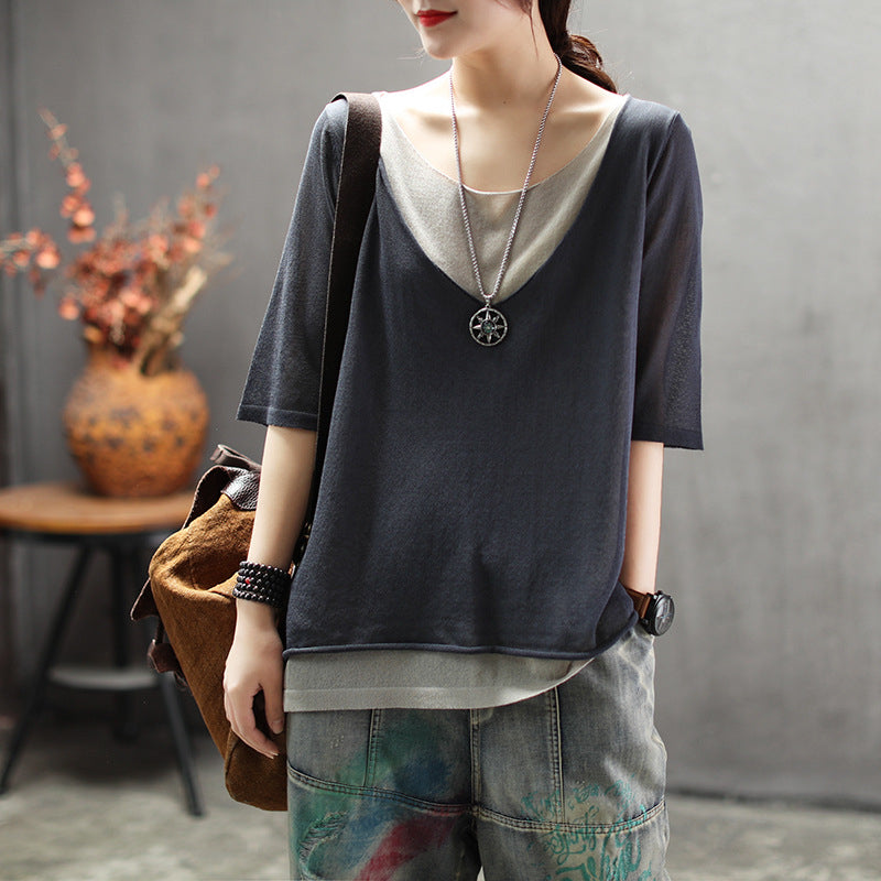 Summer Solid Daily Paneled Half Sleeve Crew Neck Linen Top Image 2