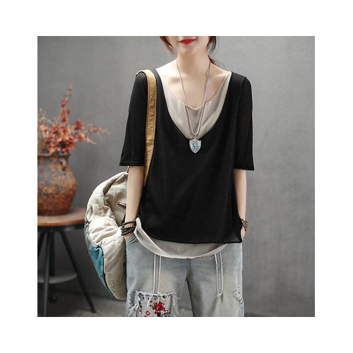 Summer Solid Daily Paneled Half Sleeve Crew Neck Linen Top Image 3