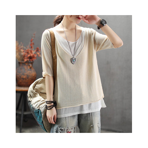 Summer Solid Daily Paneled Half Sleeve Crew Neck Linen Top Image 4