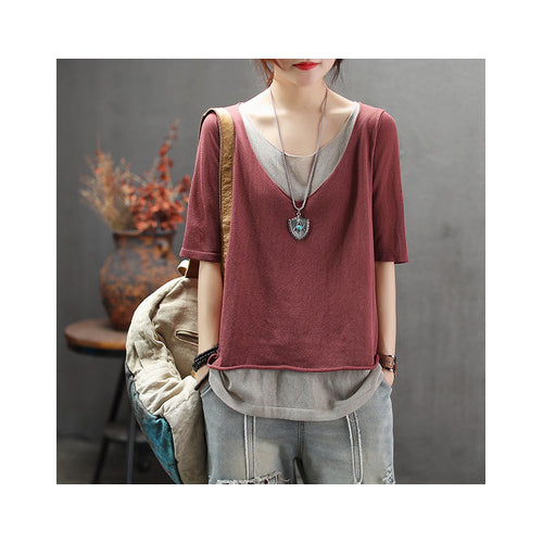 Summer Solid Daily Paneled Half Sleeve Crew Neck Linen Top Image 1