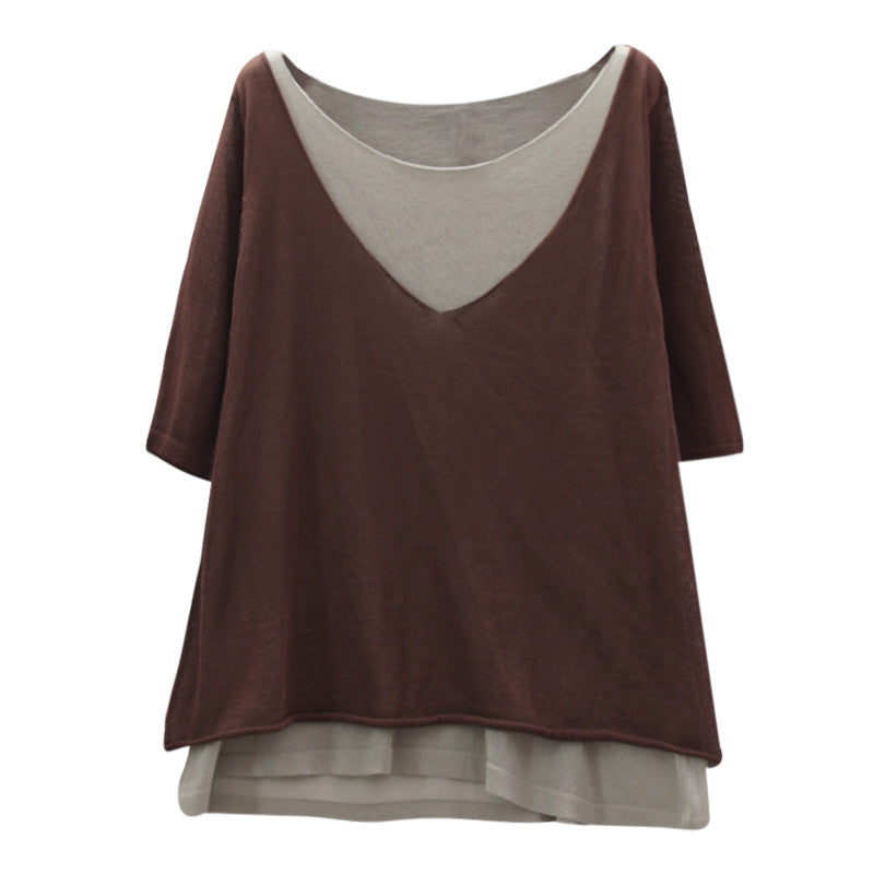 Summer Solid Daily Paneled Half Sleeve Crew Neck Linen Top Image 7