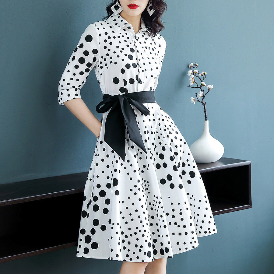 Shirt Collar White Date Polka Dots Midi Dress Image 1