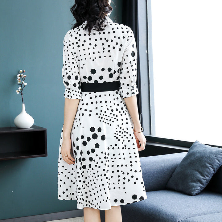 Shirt Collar White Date Polka Dots Midi Dress Image 2