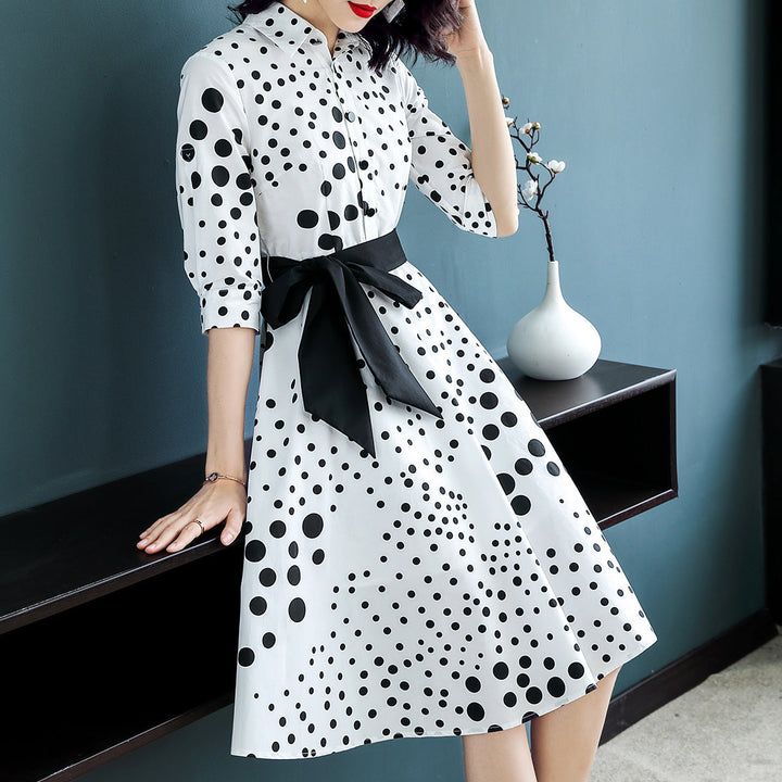 Shirt Collar White Date Polka Dots Midi Dress Image 3