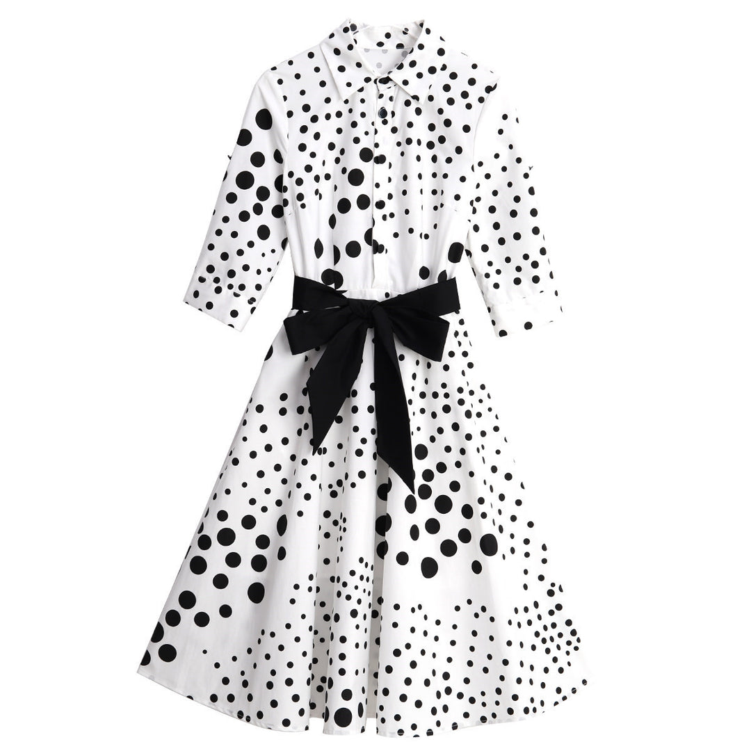 Shirt Collar White Date Polka Dots Midi Dress Image 4