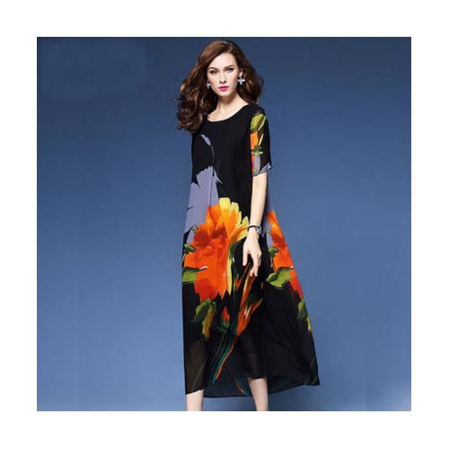 Black Shift Daily Vintage Short Sleeve Floral Midi Dress Image 1