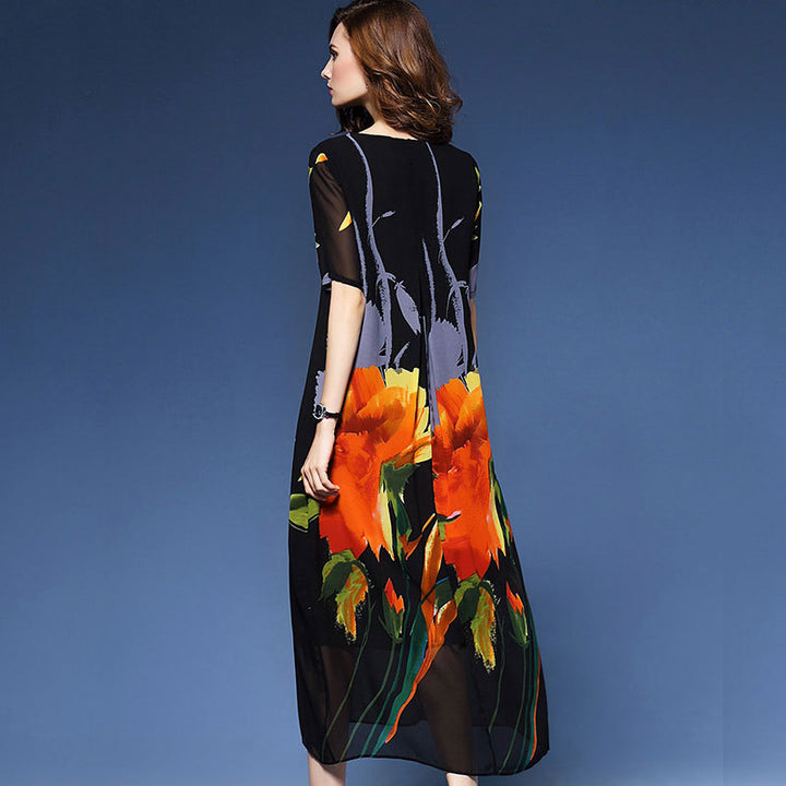 Black Shift Daily Vintage Short Sleeve Floral Midi Dress Image 2