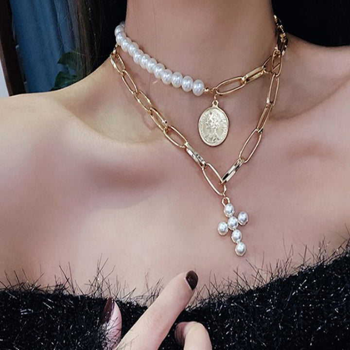 Vintage Pearl Cross Queen Coin Pendant Necklace Female Personality Short Neck Chain Choker Accessories Image 1