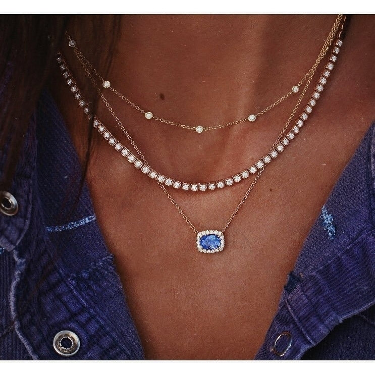 simple fashion inlaid chain blue gem multi-layer necklace clavicle chain Image 1