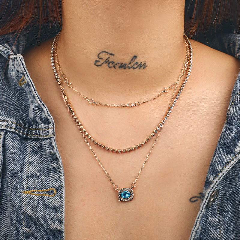 simple fashion inlaid chain blue gem multi-layer necklace clavicle chain Image 2