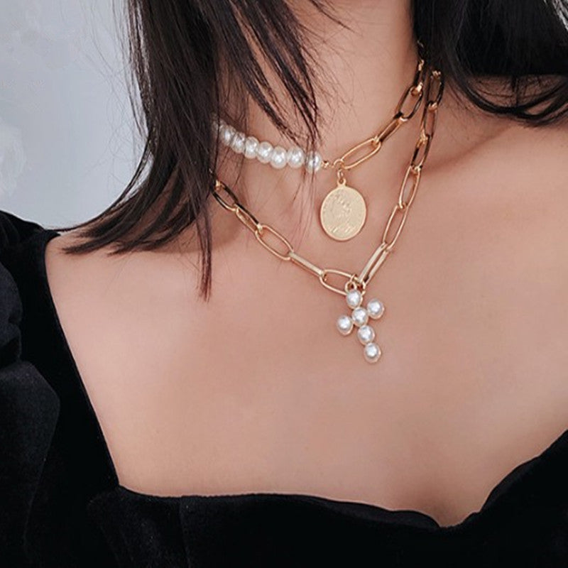 Vintage Pearl Cross Queen Coin Pendant Necklace Female Personality Short Neck Chain Choker Accessories Image 2