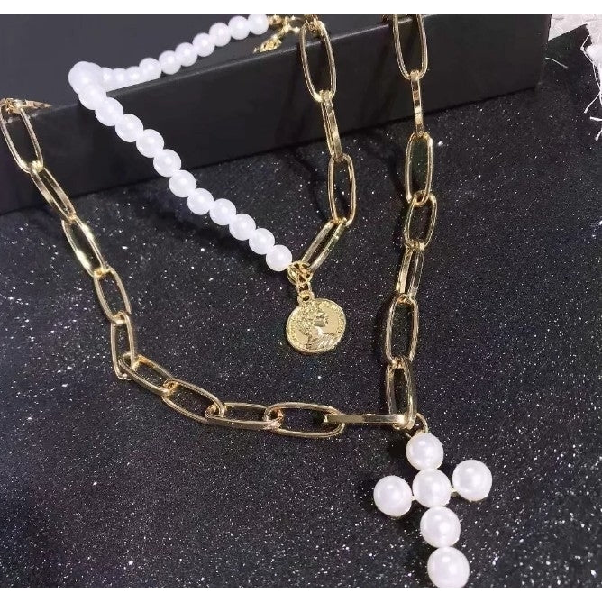 Vintage Pearl Cross Queen Coin Pendant Necklace Female Personality Short Neck Chain Choker Accessories Image 3