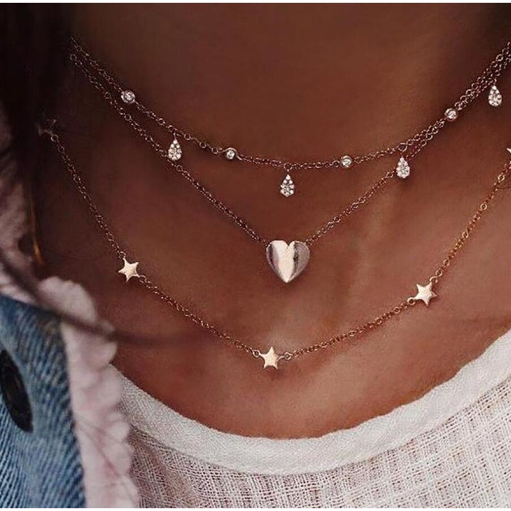 Simple heart heart love five-pointed star   drop star three-layer necklace clavicle chain Image 1