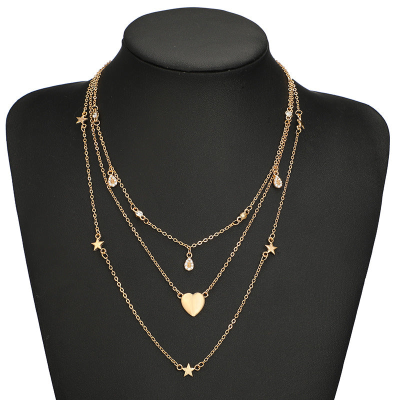 Simple heart heart love five-pointed star   drop star three-layer necklace clavicle chain Image 3