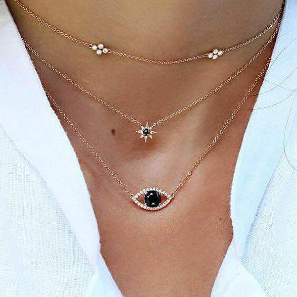 Fashion Multilayer Clover   Six-pointed Star Black   Eyelash Pendant Necklace Image 1