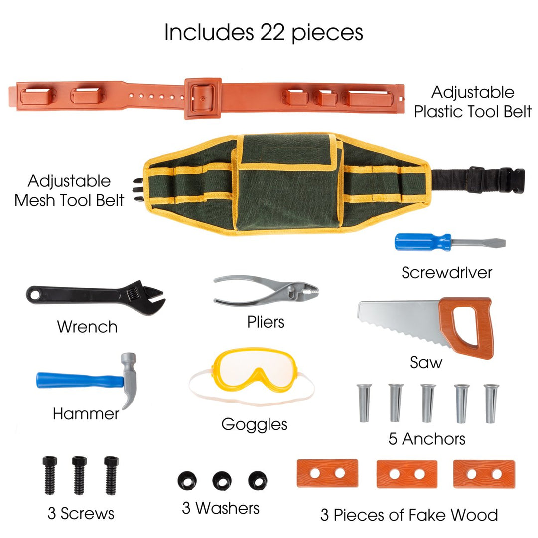 Kids Tool Belt Set 20 Piece Handyman Kit Saw Hammer Pliers Safety Goggles Image 3