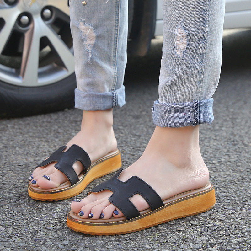 Genuine Leather Platform Open Toe Casual Slippers Image 2