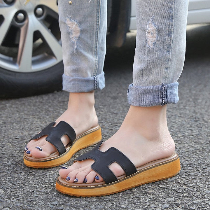 Genuine Leather Platform Open Toe Casual Slippers Image 1