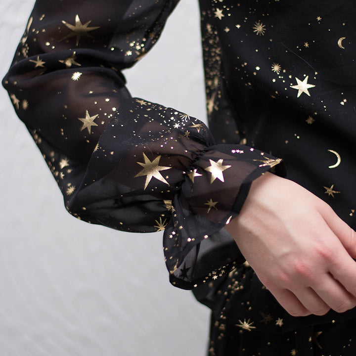 Space Star Moon V-Neck Print Black Long butterfly Sleeve Dress Image 4