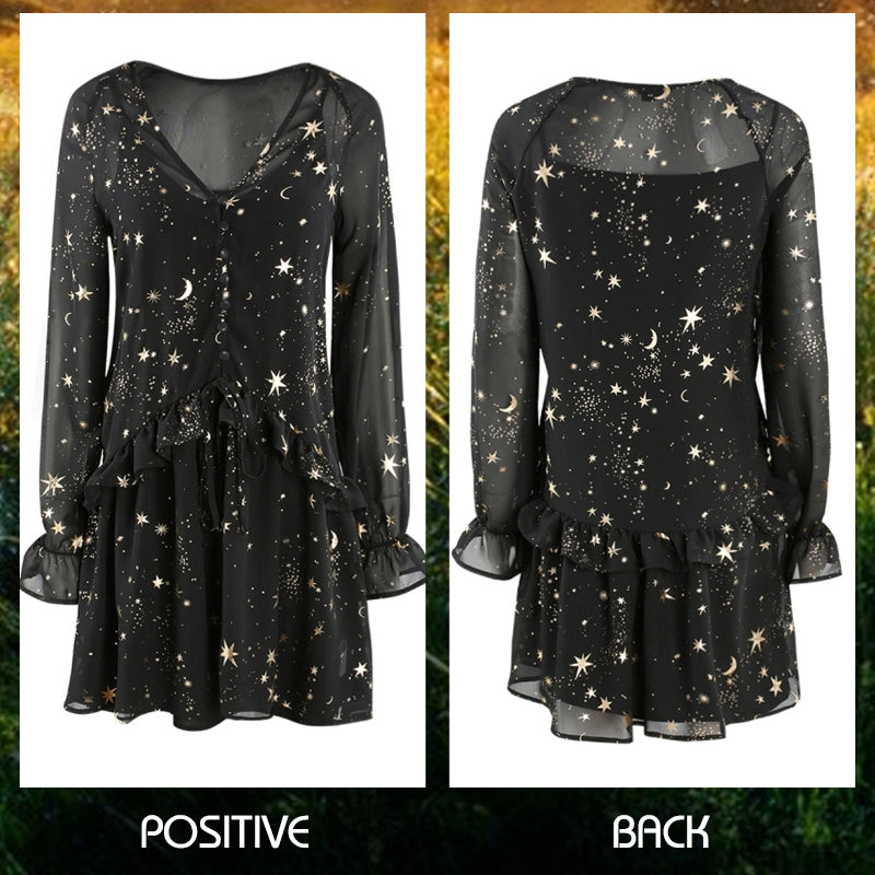 Space Star Moon V-Neck Print Black Long butterfly Sleeve Dress Image 4