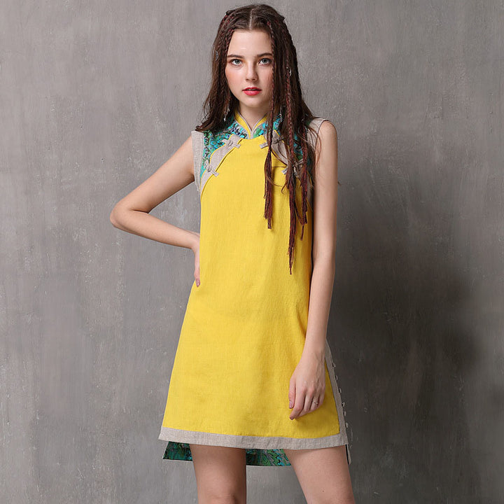 Ethic Color Block Asymmetric Split Stand Collar Linen and Cotton Dresses Image 1