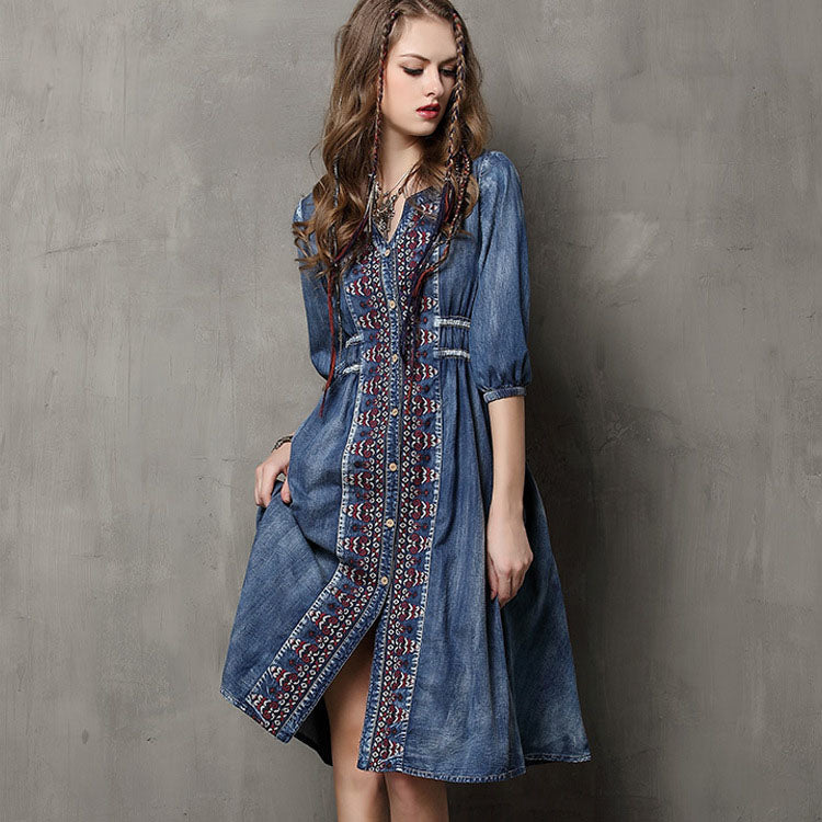 Vintage Embroidery Half Sleeve V-Neck Pleated A-Line Denim Dresses Image 1