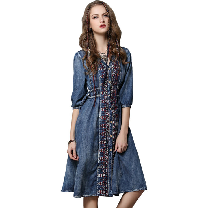 Vintage Embroidery Half Sleeve V-Neck Pleated A-Line Denim Dresses Image 4